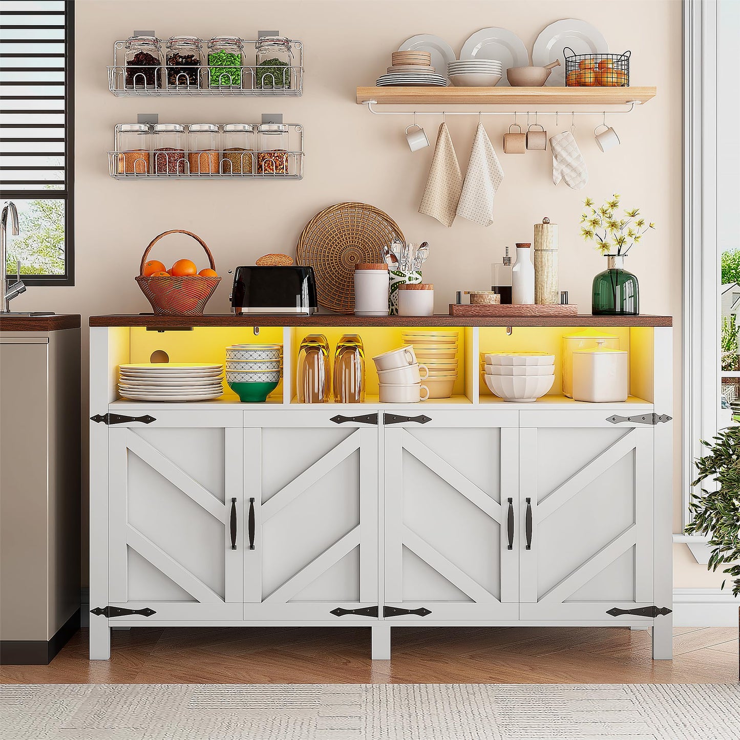 knoworld Buffet Sideboard with Storage with Power Outlets & LED Light 4 Doors, 55'' Large Farmhouse Kitchen Storage Cabinet Wood Coffee Bar Cabinet Buffet Table for Kitchen, Dining Room, Entryway