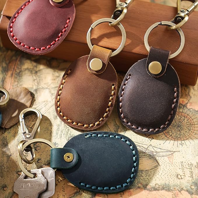 Genuine Leather Airtag Holder, Portable Handcraft Leather Air Tag Keychain with Keyring and Screwdriver, Full Coverage Air Tag Protective Case Cover Accessories - Brown