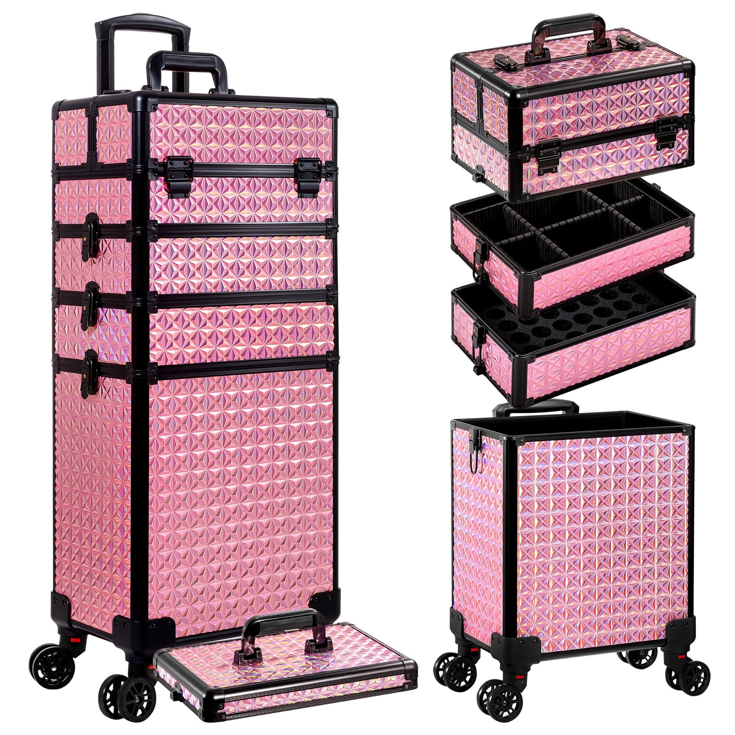AROUS 5 in 1 Rolling Makeup Train Case Cosmetology Case on Wheels Large Cosmetic Organizer Travel Cart for Hairstylist Artist Nail Beauty Salon Barber,Pink
