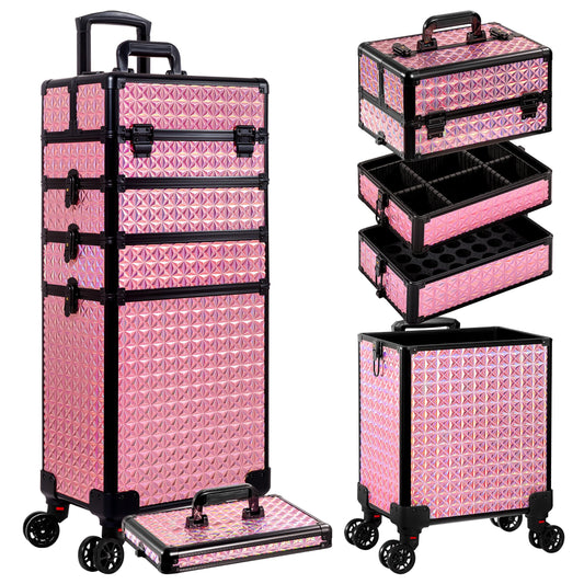AROUS 5 in 1 Rolling Makeup Train Case Cosmetology Case on Wheels Large Cosmetic Organizer Travel Cart for Hairstylist Artist Nail Beauty Salon Barber,Pink