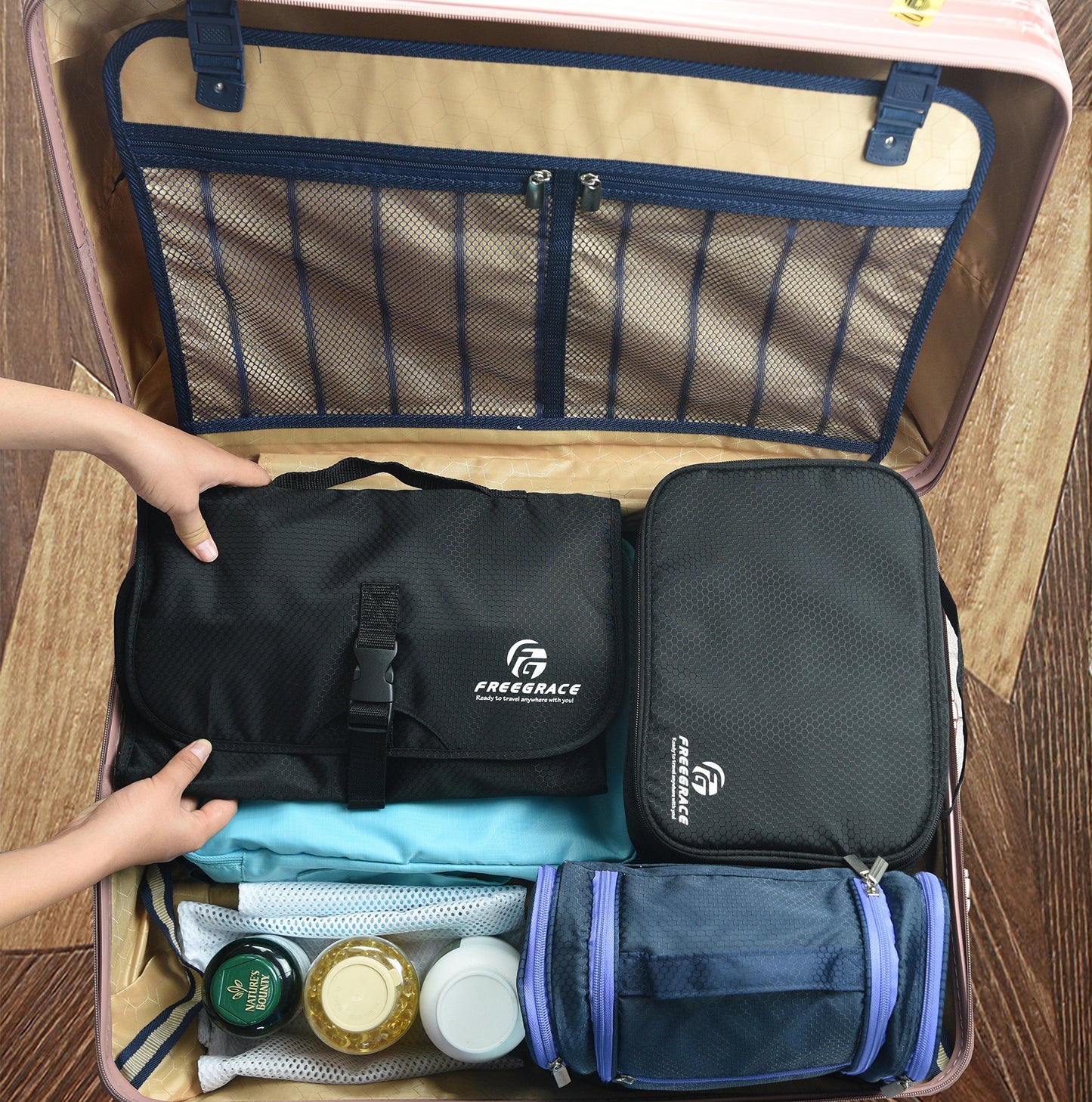 Freegrace Premium Hanging Toiletry Bag for Travel - Cosmetic, Jewelry, Toiletry, Makeup & Accessory Storage Organizer Bag, Large Size for Women & Men (Black)